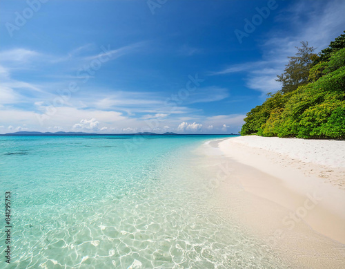 Tropical beach scene with crystal clear water  white sand  and a bright blue sky  Blue sky and white sand beach. Beautiful sea.