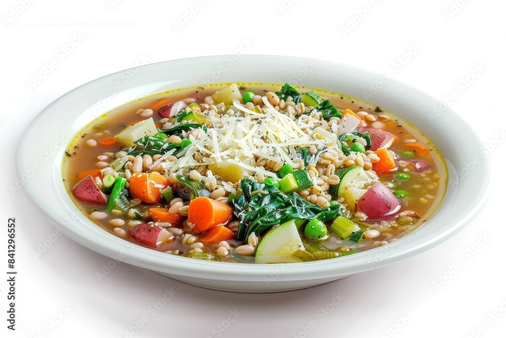 Satisfying Barley and Vegetable Soup in White Bowl Satisfying Barley and Vegetable Soup in White Bowl