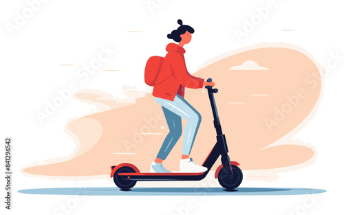 woman standing riding e-scooter vector flat isolated illustration