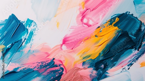 Abstract painting with bold strokes of yellow, white, pink, and teal. Energetic and colorful artistic design with texture.