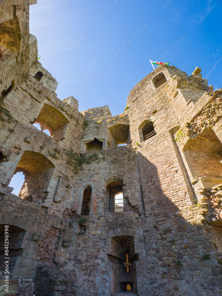 Fototapeta premium Looking up at inside ruined keep tower of Raglan Castle (Wales, United Kingdom)