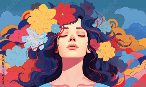 Woman with flower colorful illustration background mental health lifestyle selfcare concept