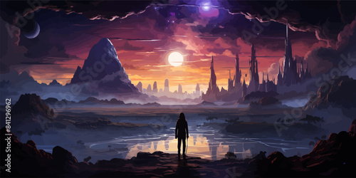 woman with sword standing on hill looking at the sacred stones against the background of the night sky, digital art style, illustration painting