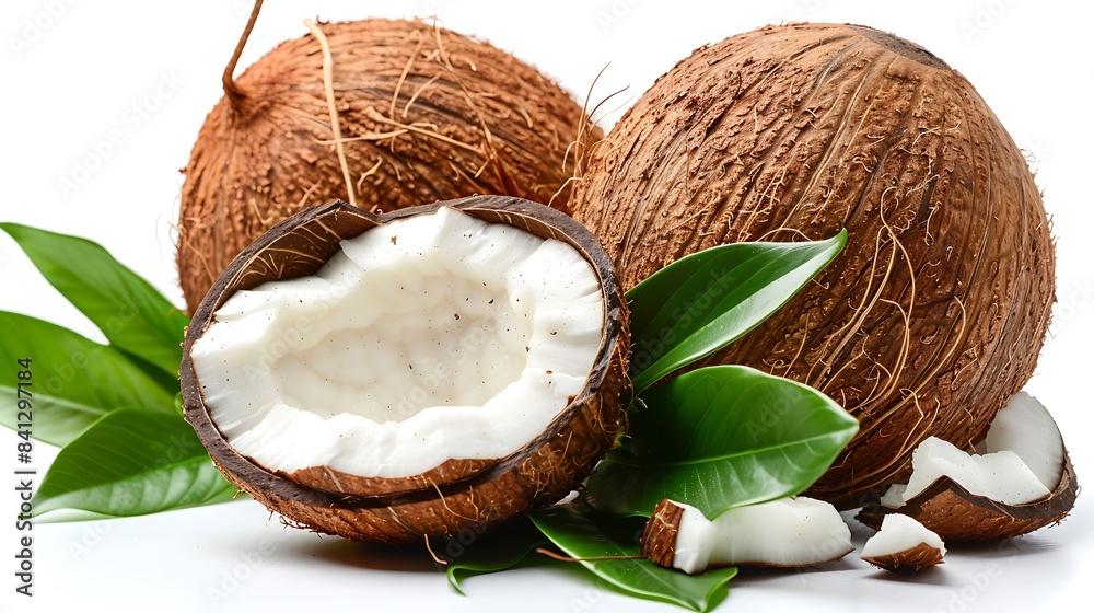 A whole coconut and a half coconut with leaves are on a white background A whole coconut and a half coconut with leaves are on a white background