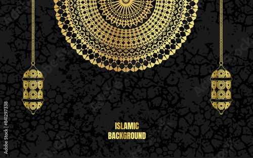Islamic poster template with decorative ornaments, golden circle shape. For Islamic New Year Muharram, Mubarak, Eid al-Fitr, Eid al-Adha etc