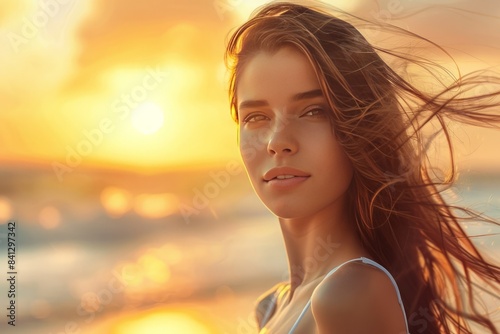 A beautiful woman with long hair blowing in the sea breeze, standing on the beach at sunset 