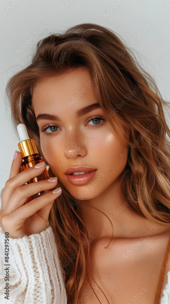 Fototapeta premium Beautiful smiling young woman with clean skin holding facial essential oil or serum with dropper, rejuvenation and skin care, white background