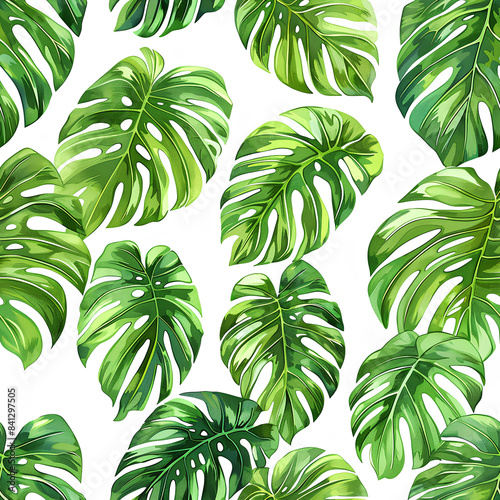 Monstera Leaves a Seamless Pattern on a White Background. Realistic Painted Still Lifes. 