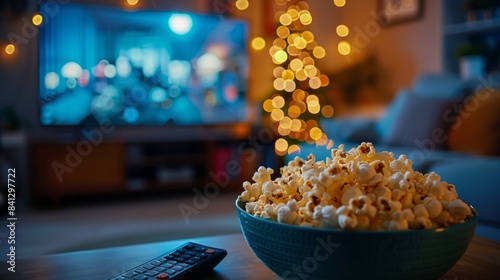 Bowl of popcorn in cozy living room with Christmas decor
