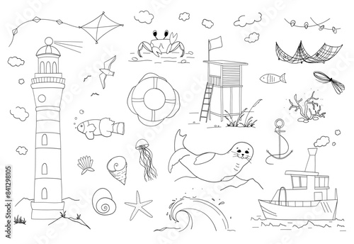 Set of sea animals and marine objects. Illustrations without color. Good for children's coloring books. Doodle style. Hand drawing. Vector	
