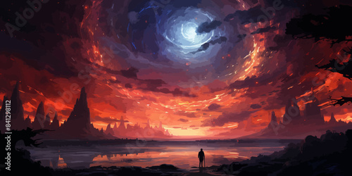 Meditation Under Psychedelic Skies isolated vector style illustration
