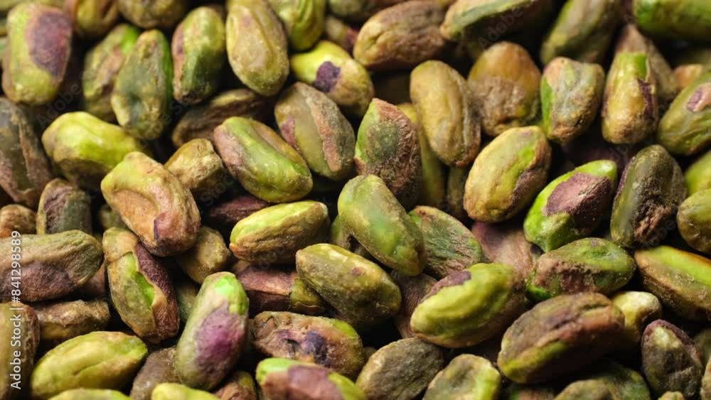Zoom frame pistachios without shell close up, rotation. Pistachio nuts. Whole nut kernels