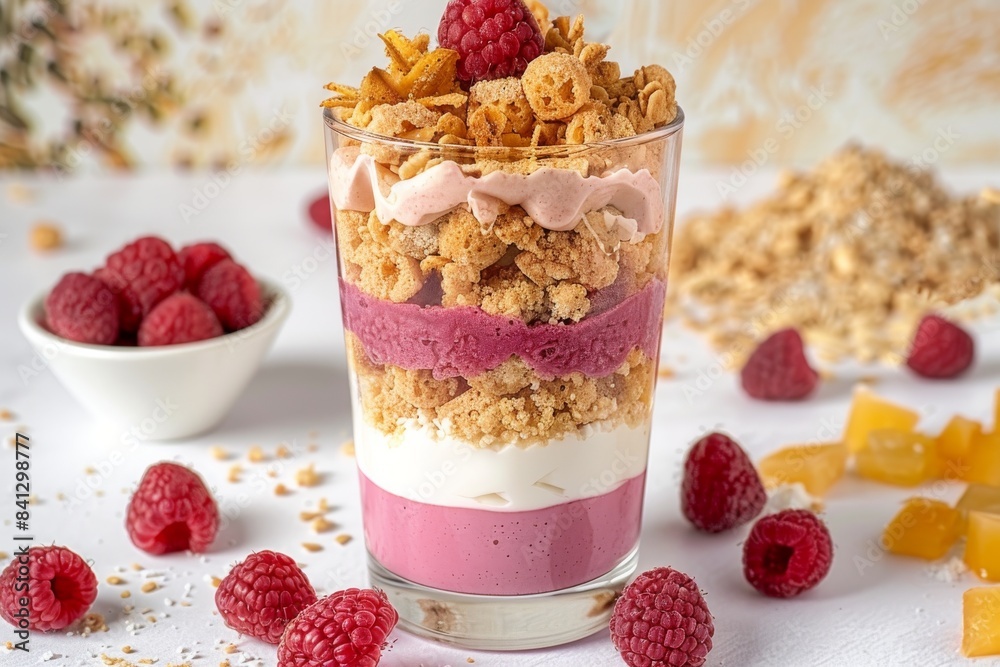 Layered berry parfait with granola and fresh berries, beautifully presented in a vibrant and healthy setting Layered berry parfait with granola and fresh berries, beautifully presented in a vibrant and healthy setting