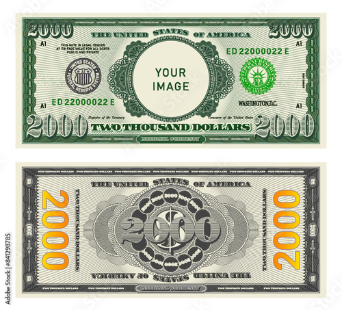 Vector highly detailed fictional beautiful 2000 US dollar banknote. Obverse and reverse of American bill with guilloche patterns. Empty circle in center. Sample, your image. Two thousand dollars.