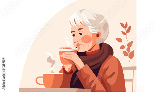 old woman drinking coffee vector flat isolated illustration