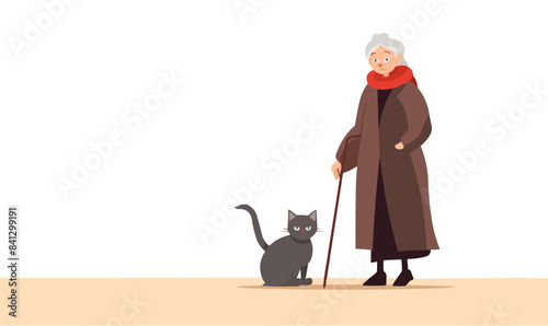 old woman with cat vector flat minimalistic isolated illustration