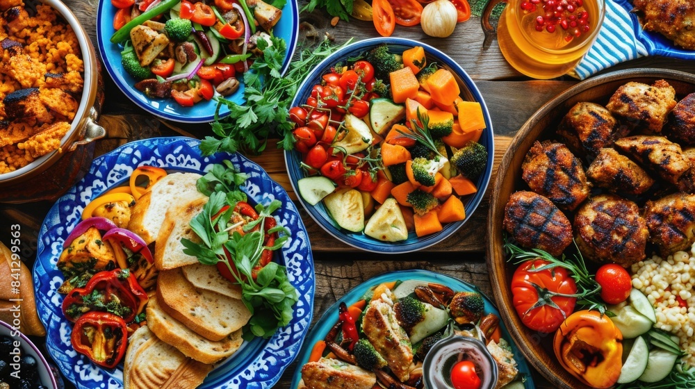 Fototapeta premium A wooden table filled with diverse types of food, great for editorial or commercial use