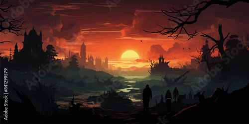 Panorama of the zombie apocalypse on the background of the cemetery. Silhouettes of scary zombies walking through the cemetery. vector