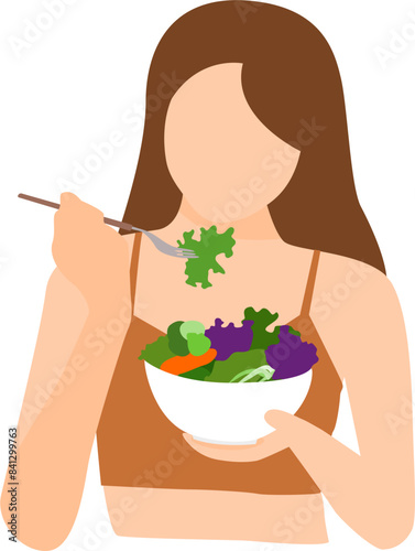 Woman eating healthy salad. Health care and wellness concept. Vector illustration
