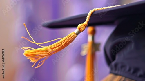 A close-up of a graduation cap, its tassel swaying gently in the breeze against a backdrop of soft lavender.