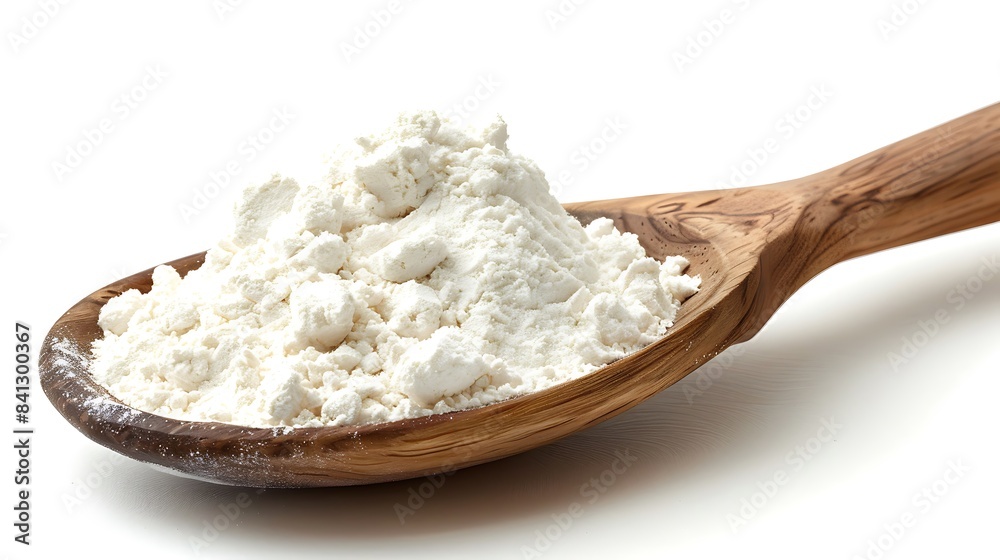 A wooden spoon with flour on a white background A wooden spoon with flour on a white background