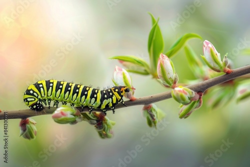 A caterpillar inching along a twig, showcasing the transformative journey from vulnerability to strength as a butterfly emerges.