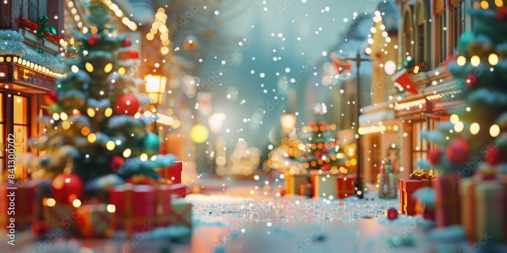 Fototapeta premium A winter scene with colorful presents and decorations on a city street