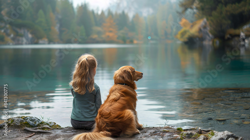 A little girl and her dog sit near the lake, enjoying the outdoors and spending quality time together.