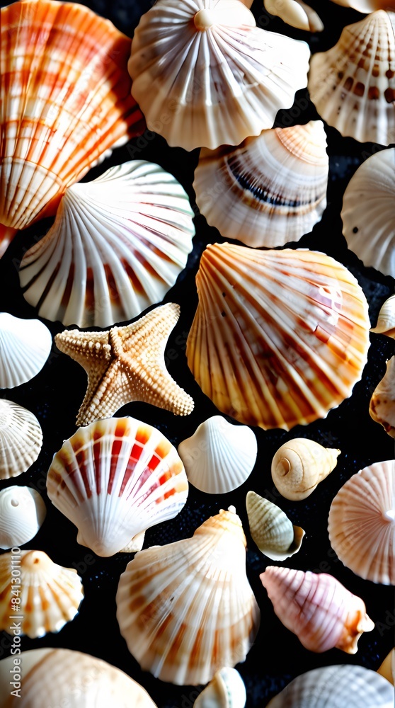 Seashells on a sandy beach with a marine summer vibe Seashells on a sandy beach with a marine summer vibe