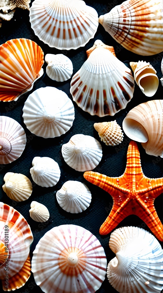 Seashells on a sandy beach with a marine summer vibe Seashells on a sandy beach with a marine summer vibe