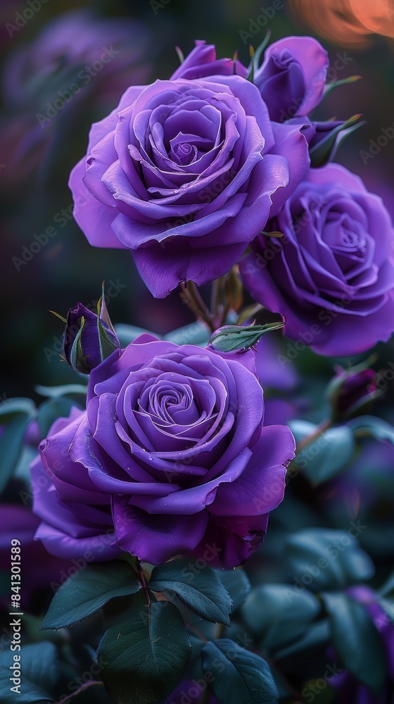 Beautiful purple roses in the early morning light , with lush green leaves Beautiful purple roses in the early morning light , with lush green leaves