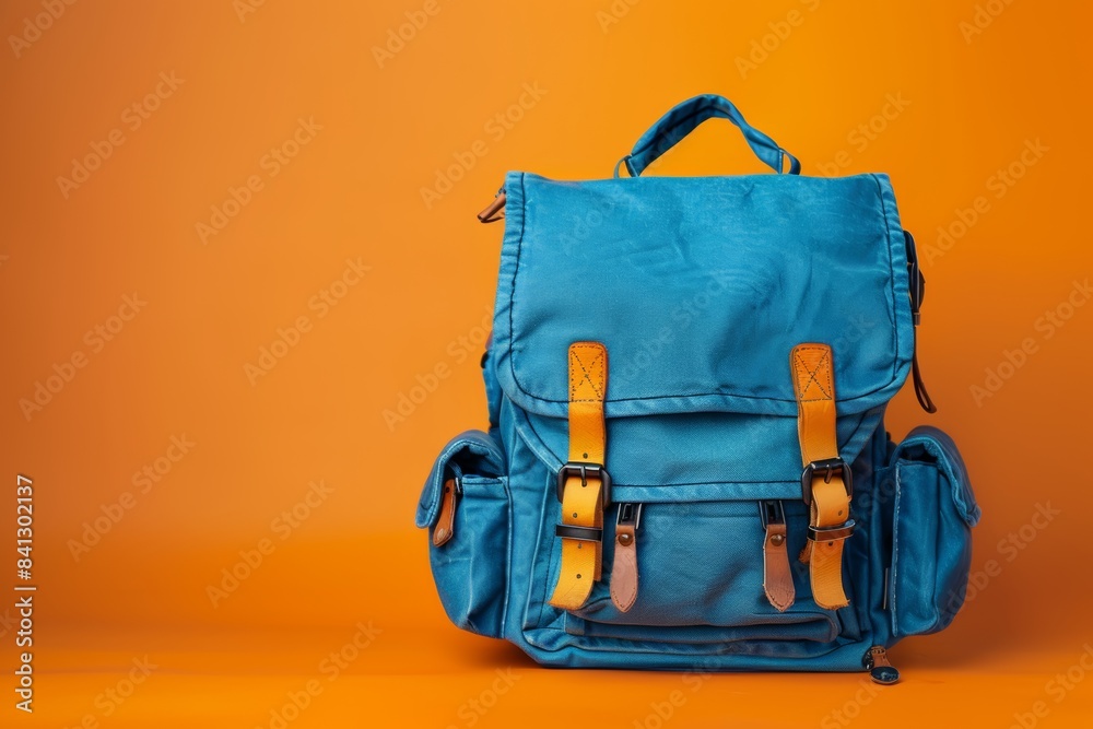 Blue backpack on orange background. back to shool Blue backpack on orange background. back to shool