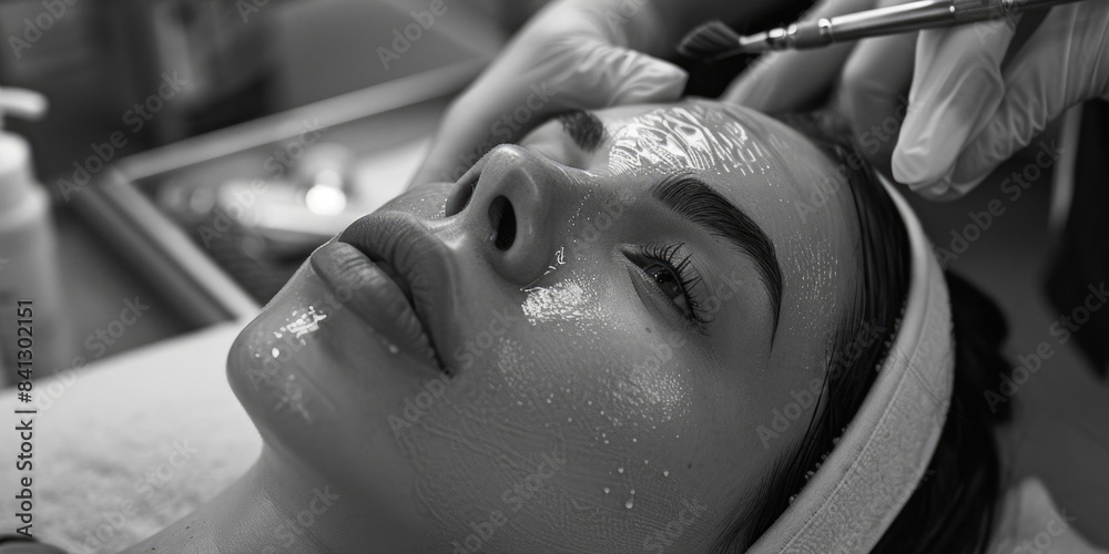 A close-up shot of a woman applying a facial mask, with a calm expression A close-up shot of a woman applying a facial mask, with a calm expression