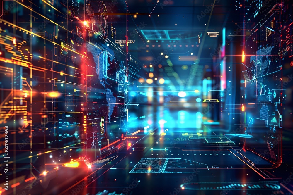 Cyberpunk inspired open office with modern tech decor, neon lights, and information overlay, blurred scene Cyberpunk inspired open office with modern tech decor, neon lights, and information overlay, blurred scene