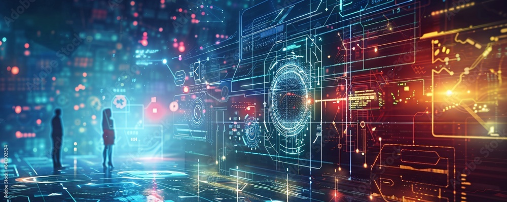 Neon cyberpunk office space with advanced tech elements and information overlays, employees blurred Neon cyberpunk office space with advanced tech elements and information overlays, employees blurred