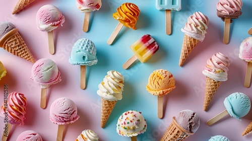 Variety of ice cream and popsicles on a pastel background photo