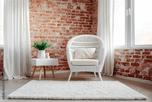 White wicker armchair standing in empty modern room with big windows, curtains and soft carpet rug, elegant and quiet cozy interior in daylight, decorative brick wall, nursery or bedroom