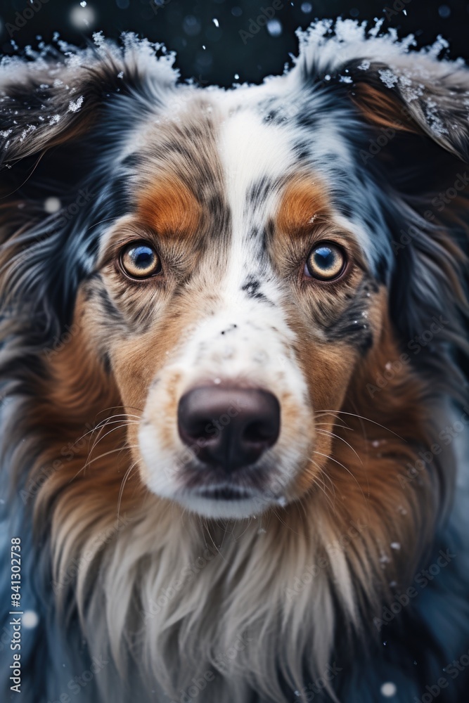 Close-up shot of a dog in a snowy setting with fresh powder and trees in the background