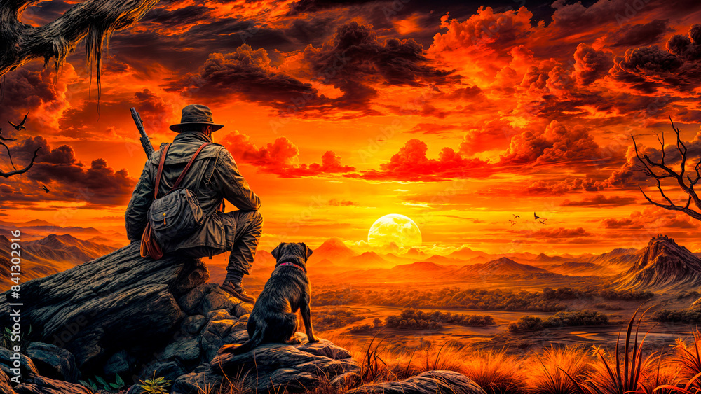 A hunter and his dog sitting on a hillside as the sun sets behind them.