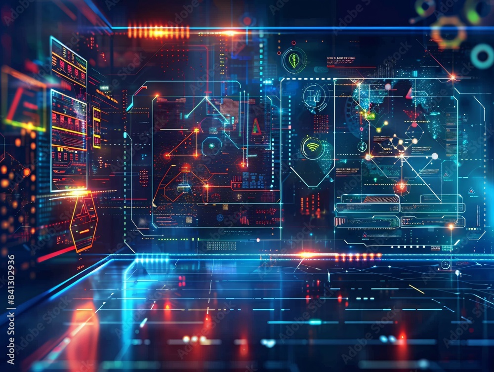 Obraz premium Innovative cyberpunk themed office with modern tech decor, neon lights, and information overlays, blurred scene