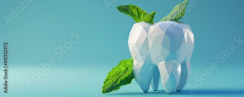 A polygonal style tooth with fresh mint leaf, blue background