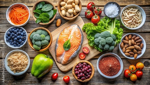 Assorted healthy foods including salmon and berries.