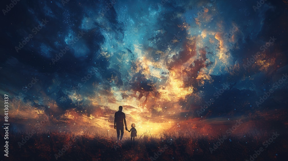 Fototapeta premium Father and Child Holding Hands as they Walk Together - Orange and Blue Color Tone Fathers Day Vector Theme - Generative AI 