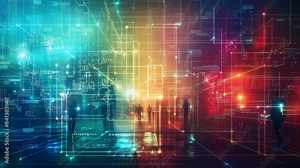 Modern neon cyberpunk open space office with futuristic furniture and IT overlay, featuring blurred employees at workstations Modern neon cyberpunk open space office with futuristic furniture and IT overlay, featuring blurred employees at workstations