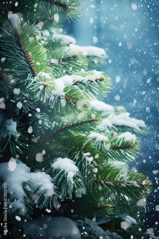 A pine tree covered in snow and snowflakes, perfect for winter or holiday scenes