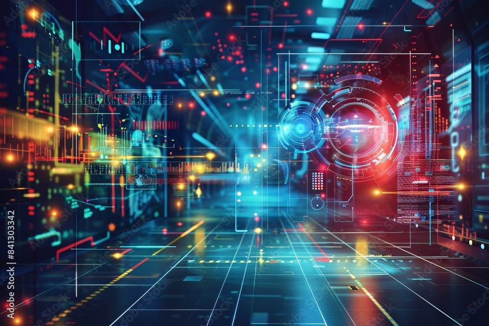Futuristic open space office interior with vibrant neon lights and holographic information displays, blurred background Futuristic open space office interior with vibrant neon lights and holographic information displays, blurred background