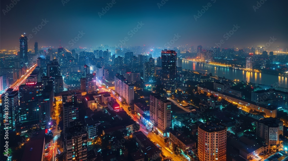 Obraz premium City night scene. Aerial high view. Generative AI.