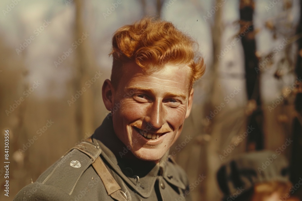 Portrait of a young soldier with bright red hair smiling confidently in uniform