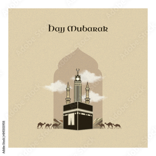 Template hajj mubarak, Arabic style Kaba and tower with a background in Arabic with a simple paper cut style