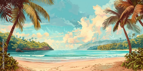 A sunny tropical beach scene with tall palm trees and calm waters